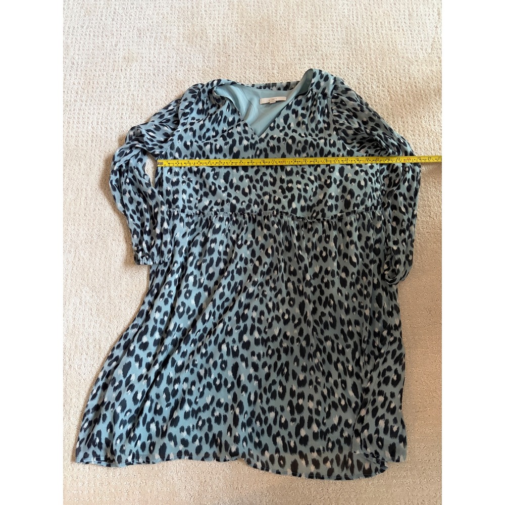 Loft Blue Leopard Print V-Neck Empire Waist Long Sleeve Mini Dress Womens Large